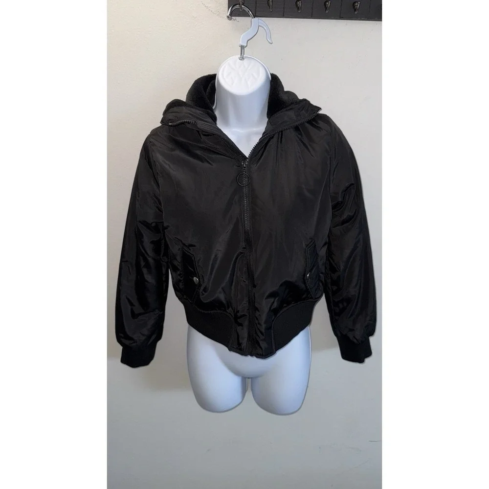 Fashion Nova Kids Black Bomber Jacket Faux Fur Hooded Zip Up Size 14/16 NYl